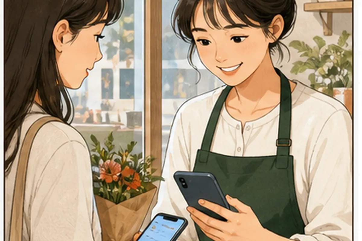 한국의 매장 사장님이 인스타그램 페이스북 페이지 연결 적용 전후의 문의와 방문 기록을 차분히 비교하는 일러스트