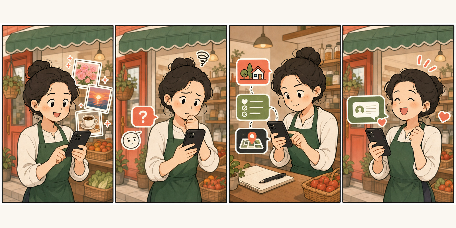 서로 관계없는 인스타그램 게시물을 올리던 가게 운영자가 손님 질문을 3편 시리즈로 나눠 피드 흐름을 정리하는 4컷 만화