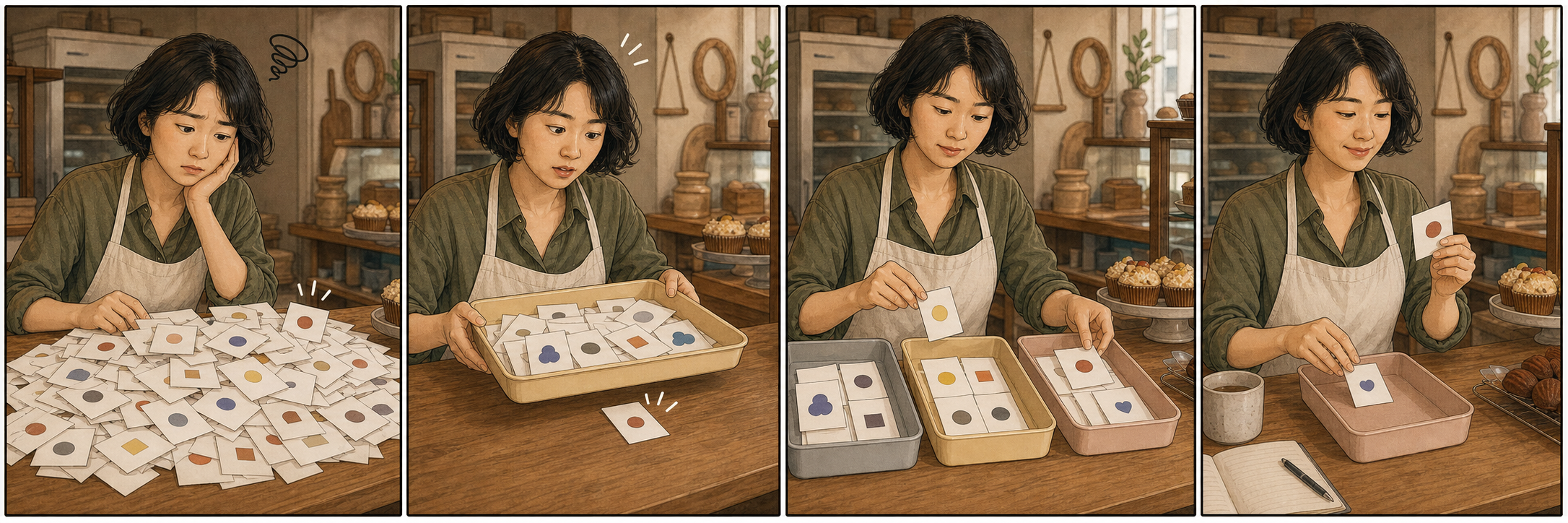 동네 디저트 가게 사장님이 스팸 댓글에 묻힌 정상 문의를 발견하고 자동 필터와 맞춤 단어를 나눈 뒤 숨겨진 요청함을 정기 점검하는 4컷 만화