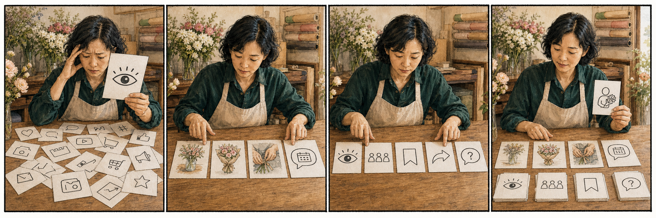 동네 꽃집 사장님이 조회수 하나만 보고 혼란스러워하다 게시물 역할과 도달·저장·공유·문의 기록을 나눠 비교하고 다음 게시물의 한 요소를 고르는 4컷 만화
