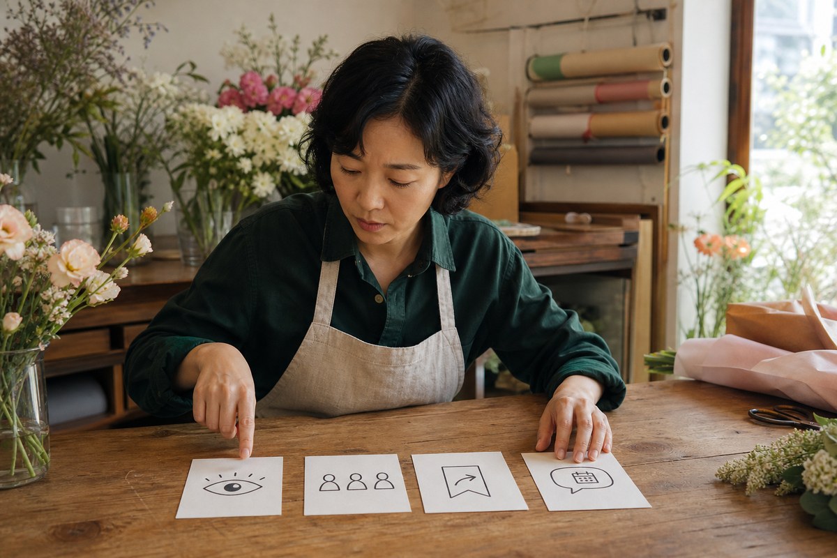 한국의 동네 꽃집 사장님이 작업대에서 조회, 도달, 저장과 공유, 문의를 뜻하는 그림 카드를 나눠 보며 게시물 기록을 점검하는 장면