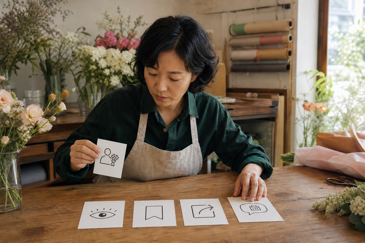 한국의 동네 꽃집 사장님이 네 주 분량의 게시물 카드와 문의 메모를 비교한 뒤 다음 주에 바꿀 카드 한 장만 선택하는 장면