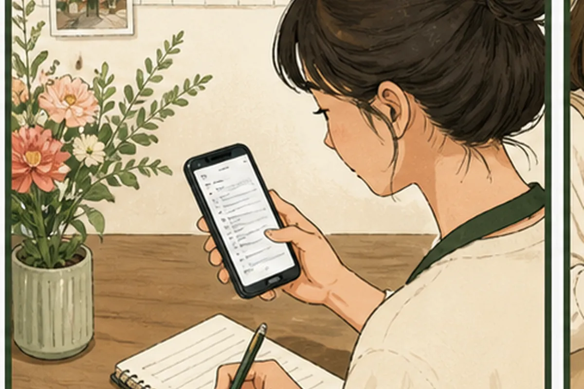 꽃가게 운영자가 어깨너머로 보이는 휴대전화의 목록을 확인하며 노트에 후보 단어를 적는 일러스트