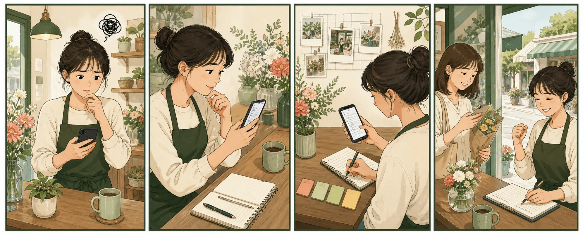 꽃가게 운영자가 휴대전화를 보며 홍보 문구를 고민하다 단어 후보를 살펴보고 메모로 정리한 뒤 손님과 대화하는 4컷 일러스트