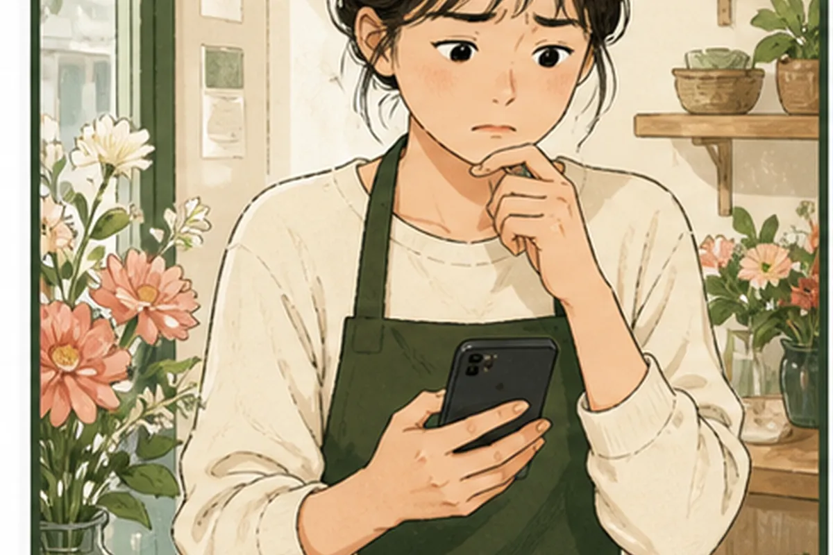 초록 앞치마를 입은 꽃가게 운영자가 휴대전화를 보며 어떤 단어를 쓸지 고민하는 일러스트