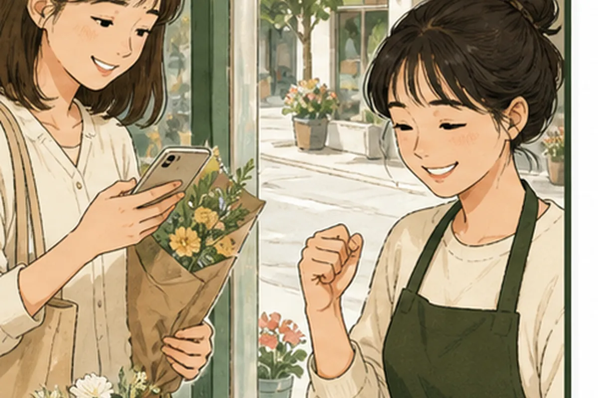 꽃다발을 든 손님이 휴대전화를 보여 주며 꽃가게 운영자와 대화하는 일러스트