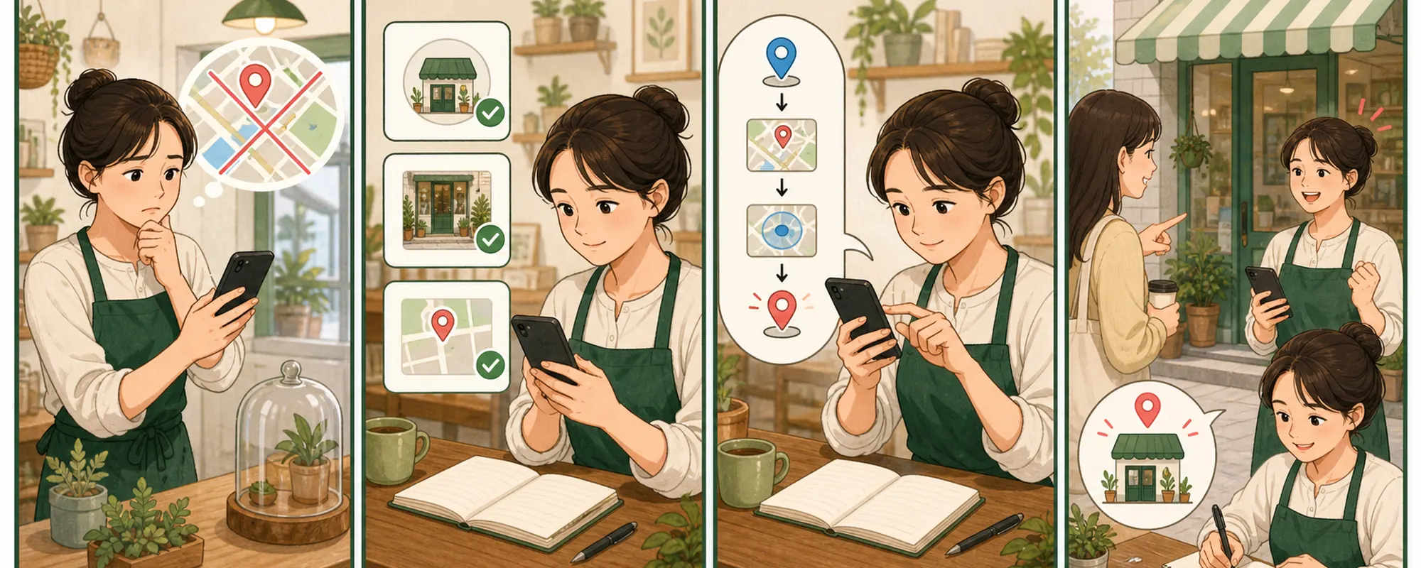 인스타그램 위치 등록 때문에 막막해하던 동네 가게 사장님이 현재 상태를 확인하고 한 항목을 수정한 뒤 고객 반응을 기록하는 4컷 일러스트