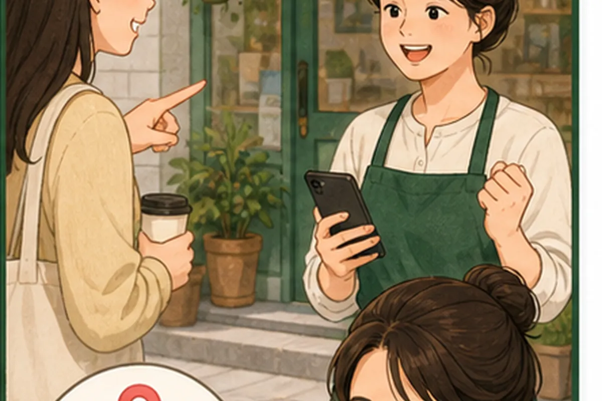 한국의 매장 사장님이 인스타그램 위치 등록 적용 전후의 문의와 방문 기록을 차분히 비교하는 일러스트