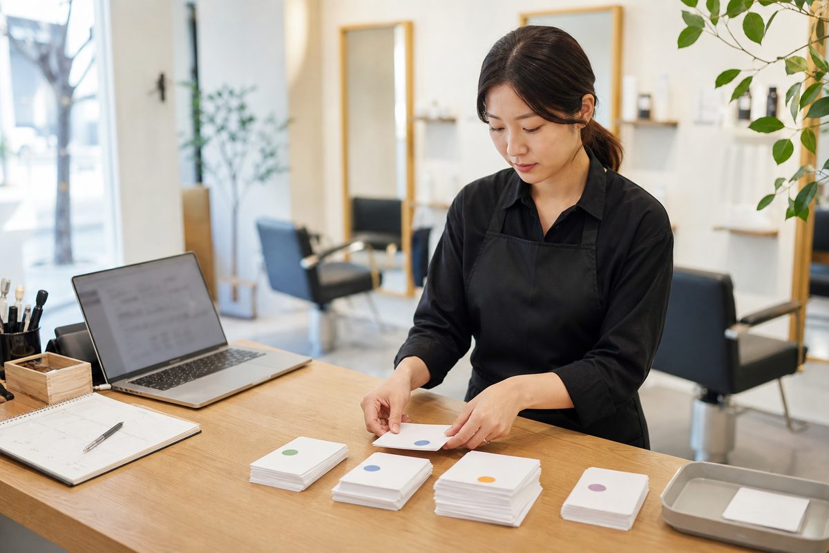 한국의 미용실 직원이 노트북에서 무문자 문의 카드를 읽지 않음, 고객 정보 대기, 매장 확인, 완료 묶음으로 정리하는 장면