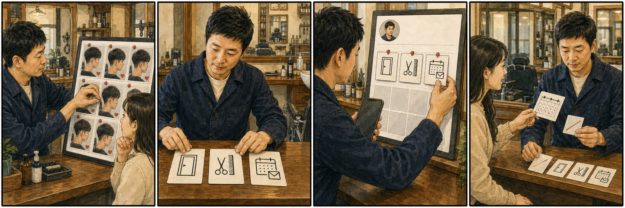 동네 바버숍 사장님이 인기 사진만 프로필 위에 올려 두었다가 첫 방문 안내, 서비스 선택 기준, 예약 준비 게시물로 역할을 다시 나누는 4컷 만화