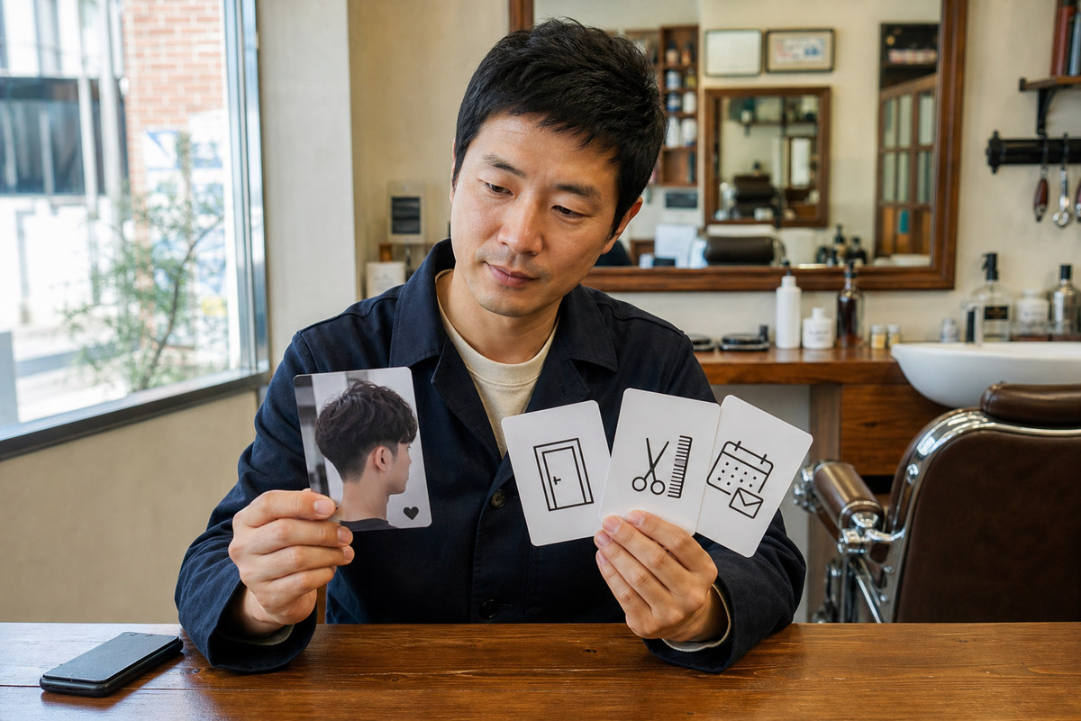 한국의 동네 바버숍 사장님이 인기 사진 카드와 첫 방문 안내, 서비스 선택, 예약 준비 역할 카드를 작업대에서 비교하는 장면