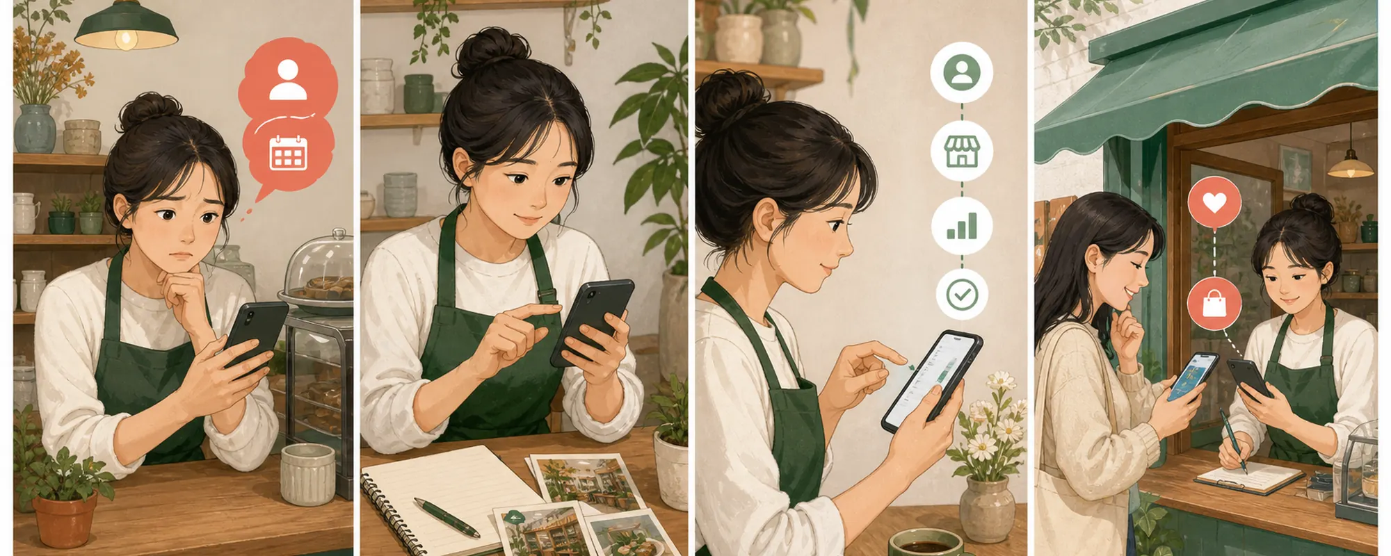 인스타그램 프로페셔널 계정 전환 때문에 막막해하던 동네 가게 사장님이 현재 상태를 확인하고 한 항목을 수정한 뒤 고객 반응을 기록하는 4컷 일러스트