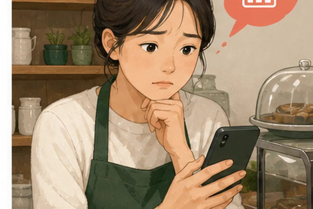 한국의 작은 매장 사장님이 인스타그램 프로페셔널 계정 전환 관련 고객 화면과 운영 메모를 나란히 놓고 현재 상태를 확인하는 일러스트