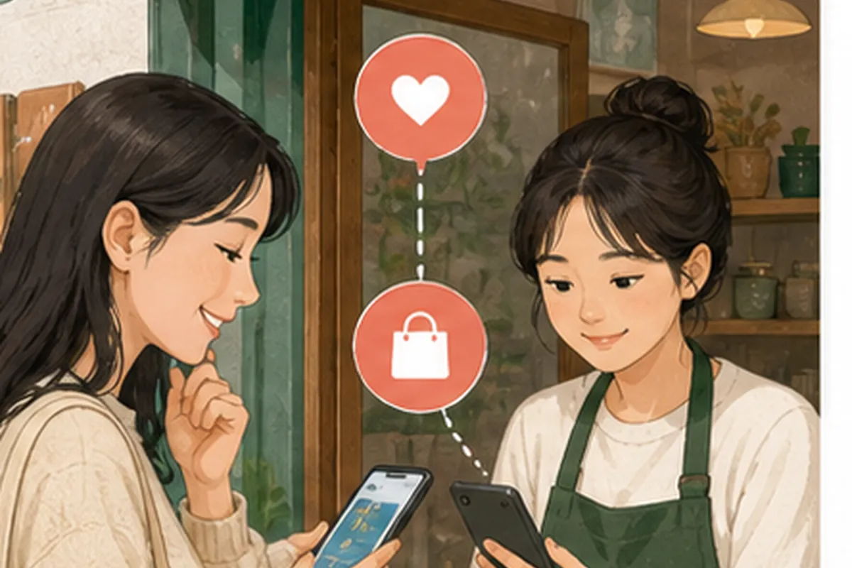 한국의 매장 사장님이 인스타그램 프로페셔널 계정 전환 적용 전후의 문의와 방문 기록을 차분히 비교하는 일러스트