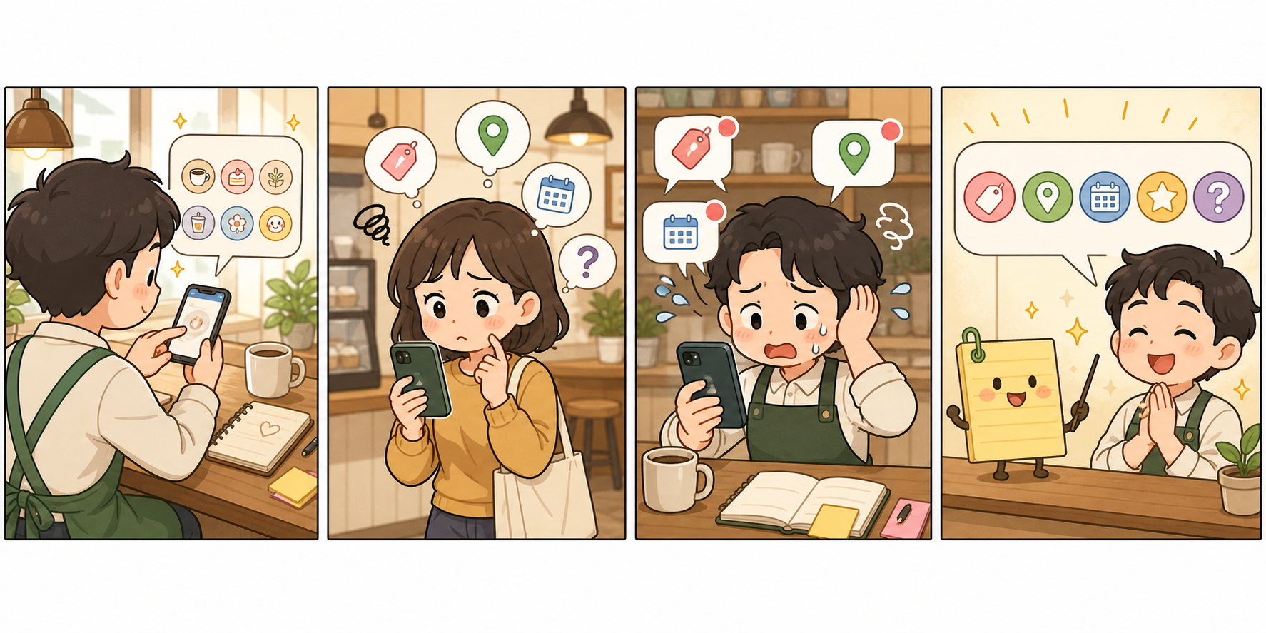 동네 가게 사장님이 인스타그램 하이라이트 커버만 꾸미다가 가격, 위치, 예약 정보를 묻는 문의가 반복되어 하이라이트 5칸을 다시 정리하는 4컷 만화
