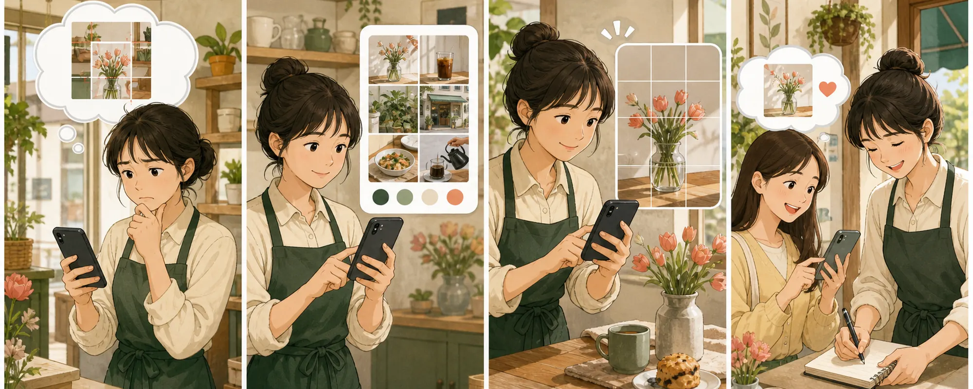 카페 운영자가 표지에서 꽃 사진이 잘린 것을 발견하고, 사진을 고른 뒤 크롭 위치를 조정해 직원과 확인하는 4컷 일러스트