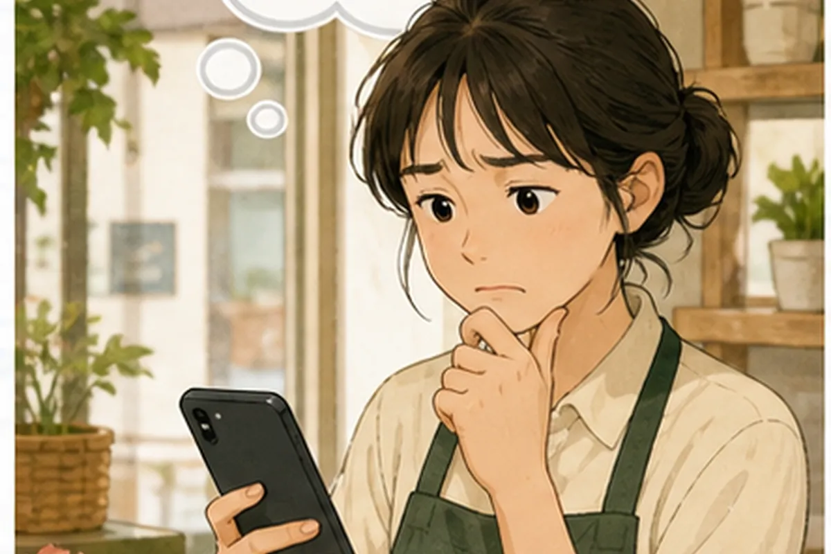 카페 운영자가 휴대전화를 보며 작은 표지에서 꽃 사진이 잘린 모습을 확인하는 일러스트