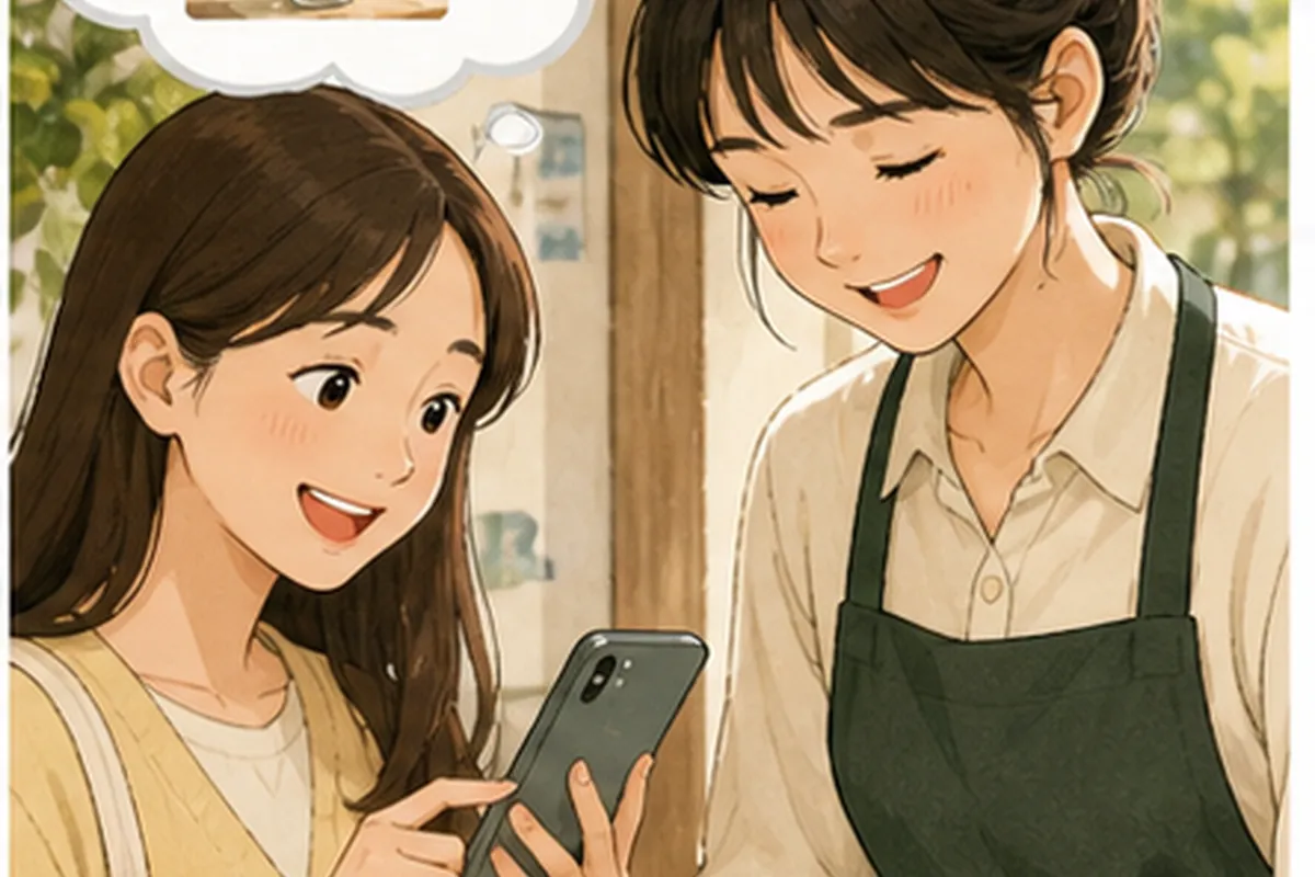 카페 운영자와 직원이 휴대전화의 표지를 함께 보며 노트에 확인 내용을 적는 일러스트