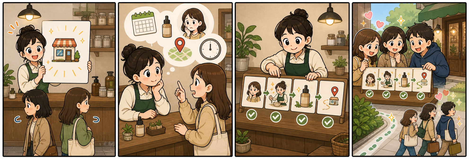 인스타 릴스 첫 문장을 매장 소개가 아니라 손님 질문에서 시작하고 다음 장면에서 답을 보여주는 4컷 만화