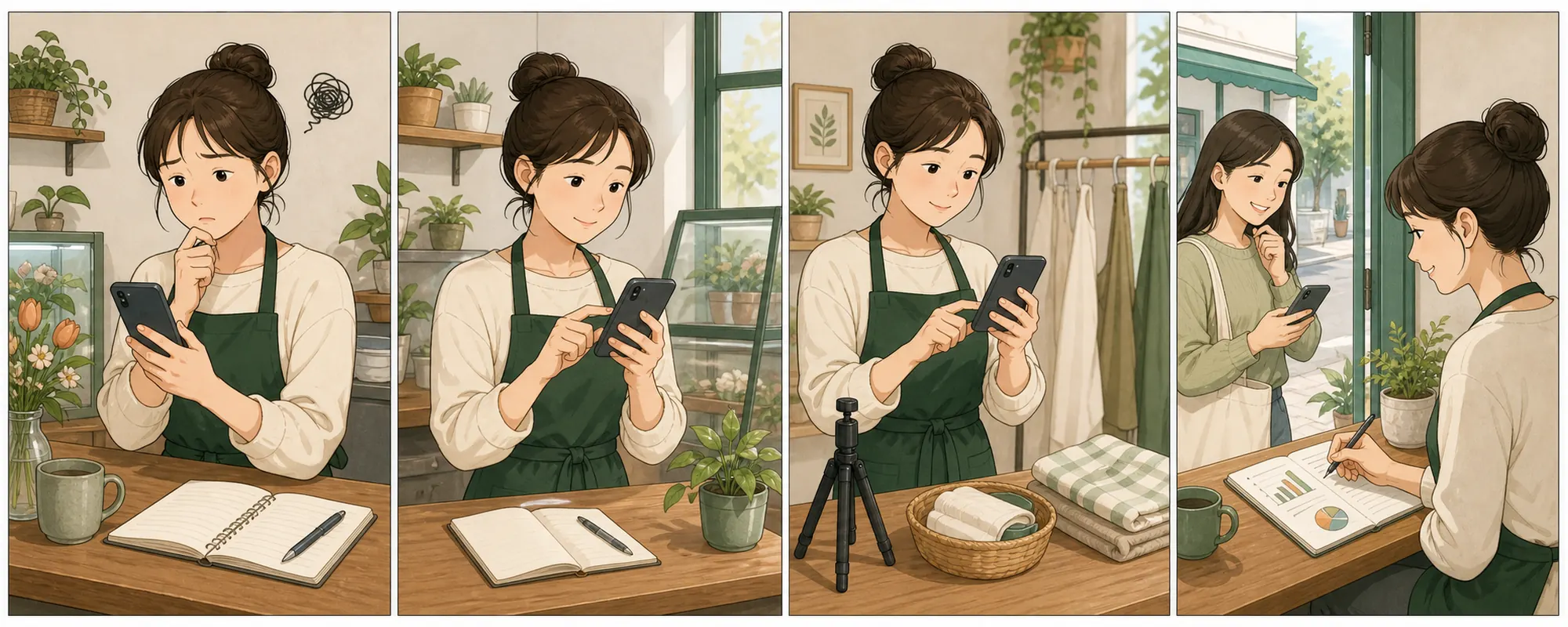 인스타그램 릴스 예약 업로드 때문에 막막해하던 동네 가게 사장님이 현재 상태를 확인하고 한 항목을 수정한 뒤 고객 반응을 기록하는 4컷 일러스트