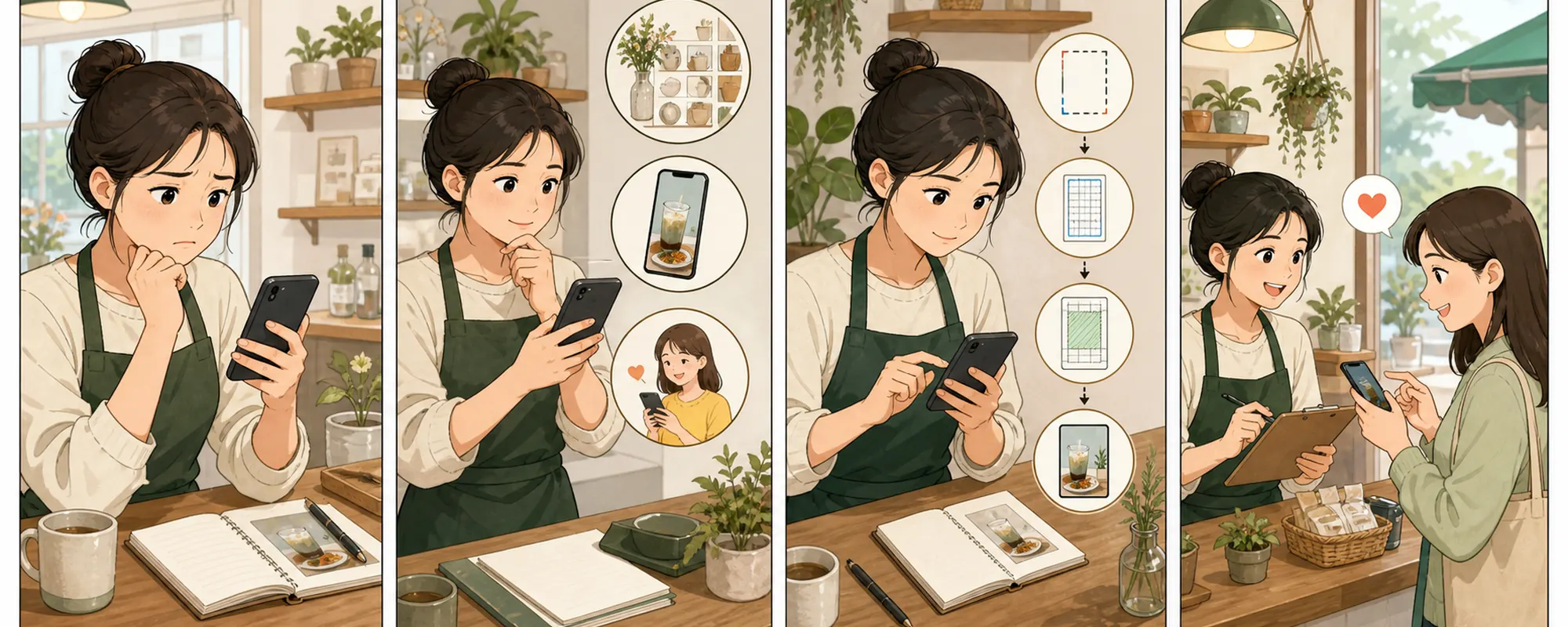 카페 사장님이 휴대폰의 세로 영상 구도와 크롭을 점검하고 직원과 결과를 확인하는 4컷 일러스트