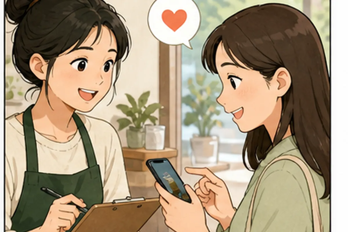 카페 사장님이 직원과 휴대폰 화면을 보며 점검 기록을 비교하는 일러스트