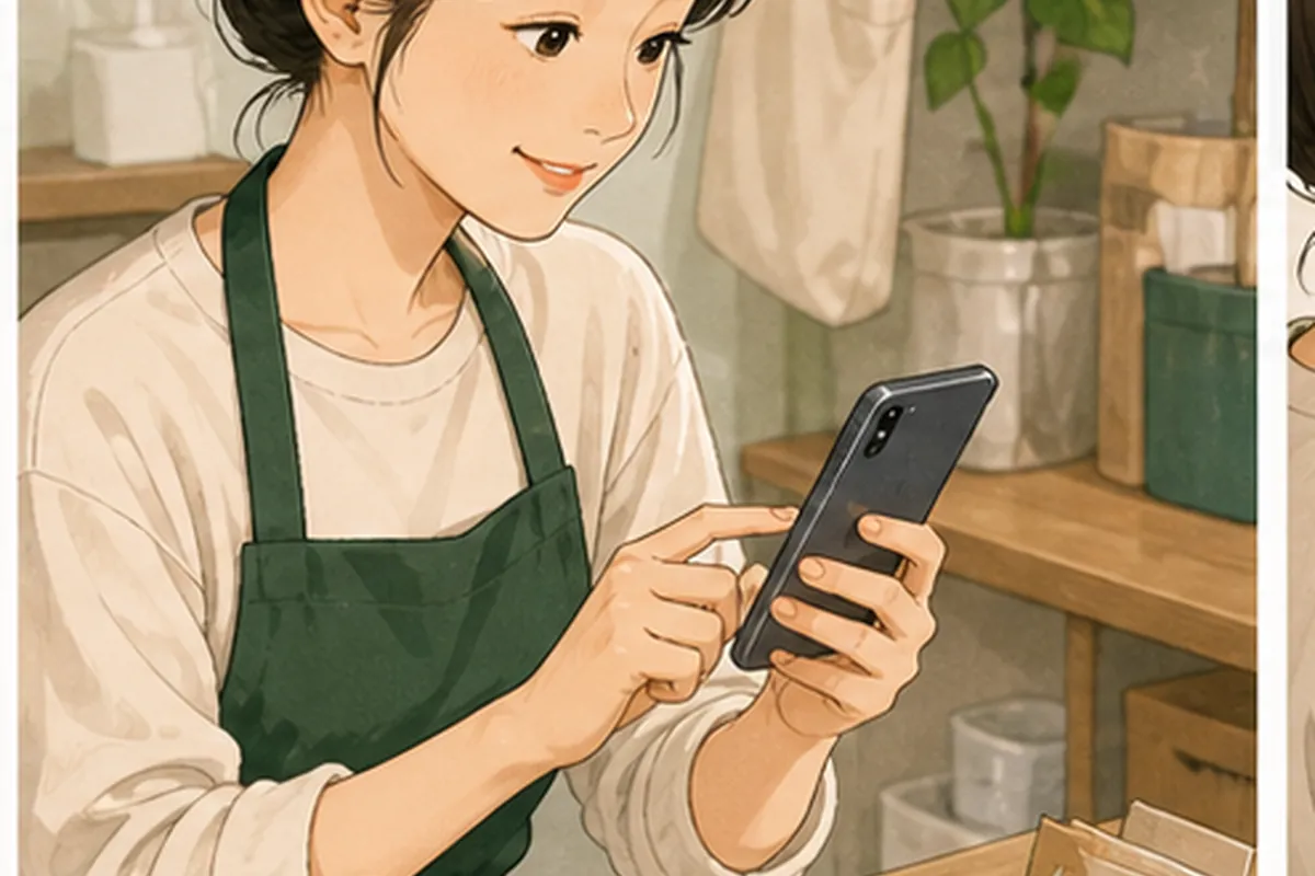 동네 가게 운영자가 인스타그램 빠른 답장 실행 순서를 체크하며 한 항목씩 적용하는 일러스트