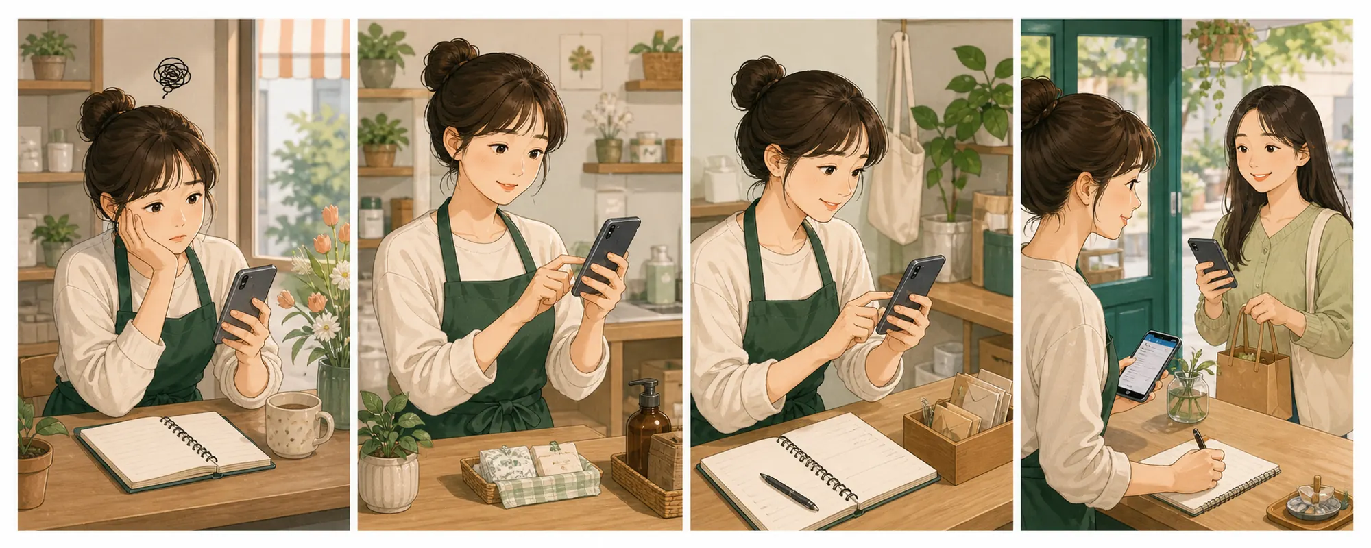 인스타그램 빠른 답장 때문에 막막해하던 동네 가게 사장님이 현재 상태를 확인하고 한 항목을 수정한 뒤 고객 반응을 기록하는 4컷 일러스트