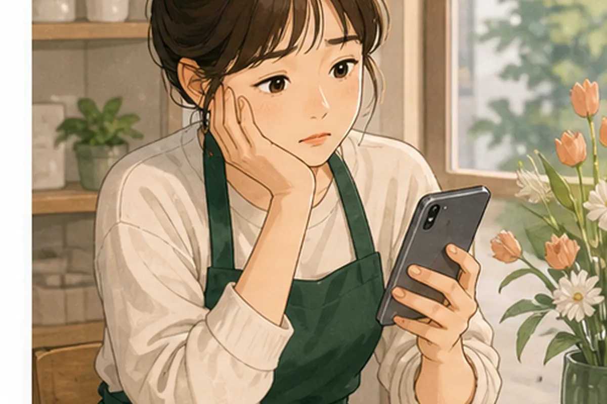 한국의 작은 매장 사장님이 인스타그램 빠른 답장 관련 고객 화면과 운영 메모를 나란히 놓고 현재 상태를 확인하는 일러스트