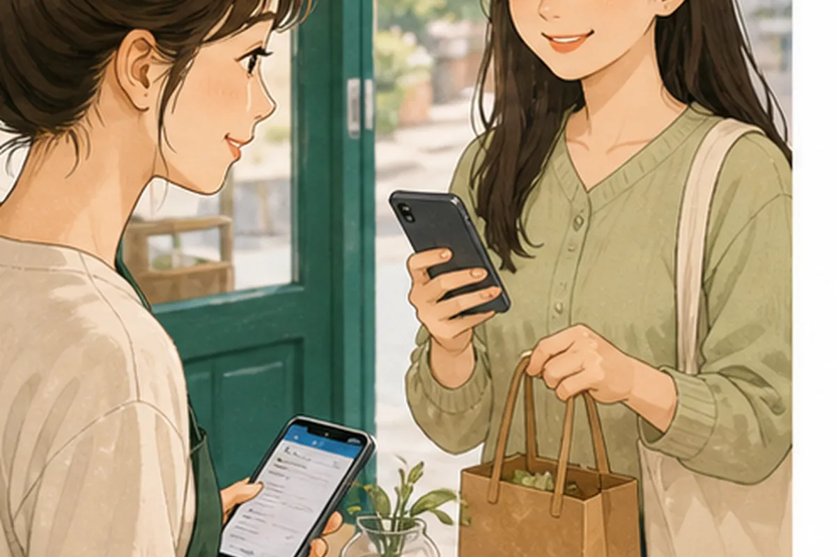 한국의 매장 사장님이 인스타그램 빠른 답장 적용 전후의 문의와 방문 기록을 차분히 비교하는 일러스트