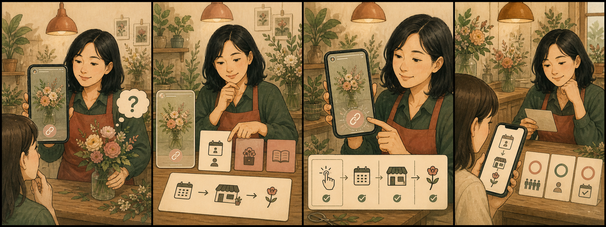 동네 꽃집 사장님이 예쁜 스토리에 막연한 링크를 붙였다가 고객 행동과 도착 페이지를 먼저 정하고 예약 결과까지 확인하는 4컷 만화