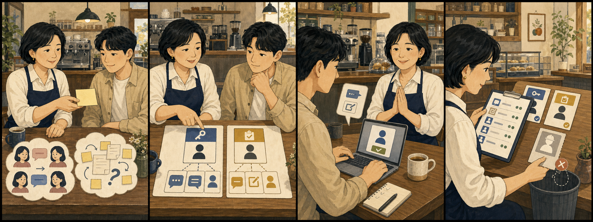 동네 카페 사장님이 계정 비밀번호를 여러 사람과 공유하다 운영이 엉킨 뒤 마스터와 매니저를 나누고 초대·활동 기록·퇴사자 정리를 하는 4컷 만화