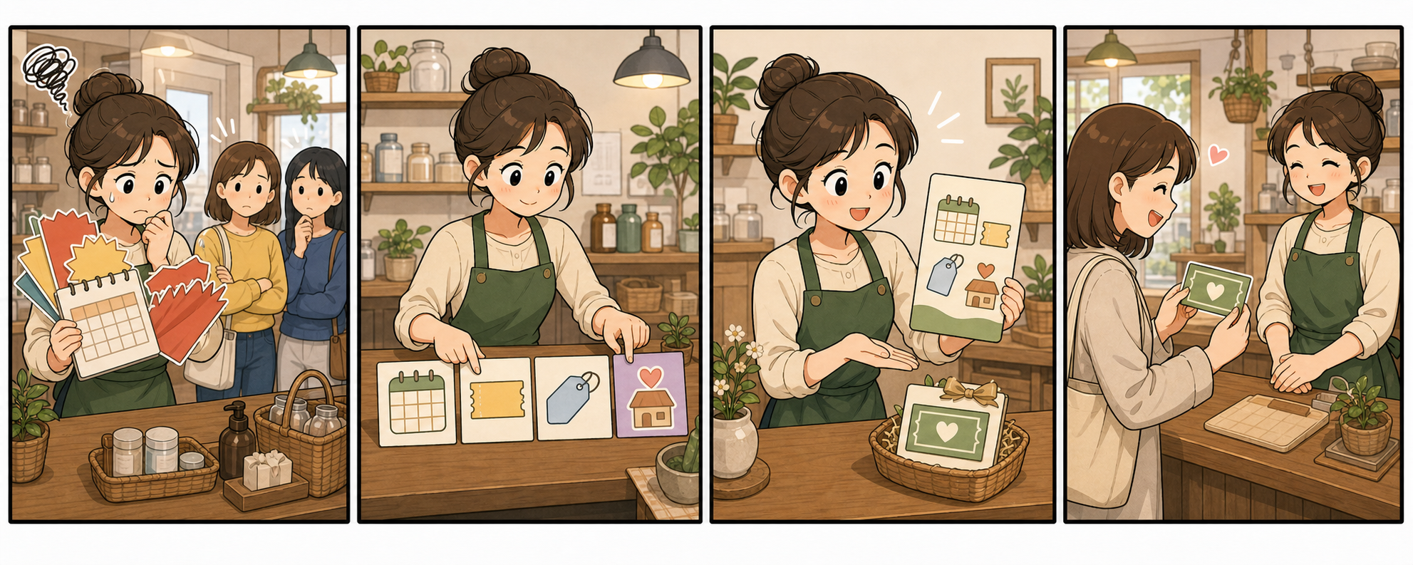카카오톡 채널 쿠폰 만료 안내를 압박 대신 차분한 확인 메시지로 정리하는 4컷 만화