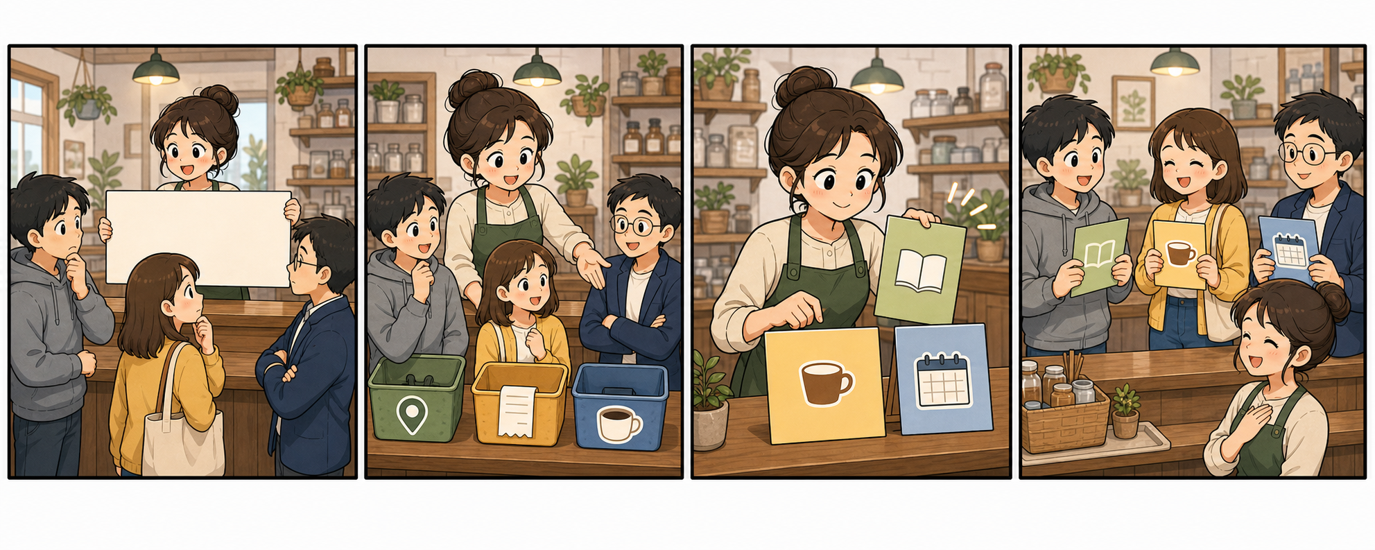 카카오톡 채널 메시지를 신규손님, 첫 방문 후 손님, 단골손님으로 나누어 보내는 4컷 만화