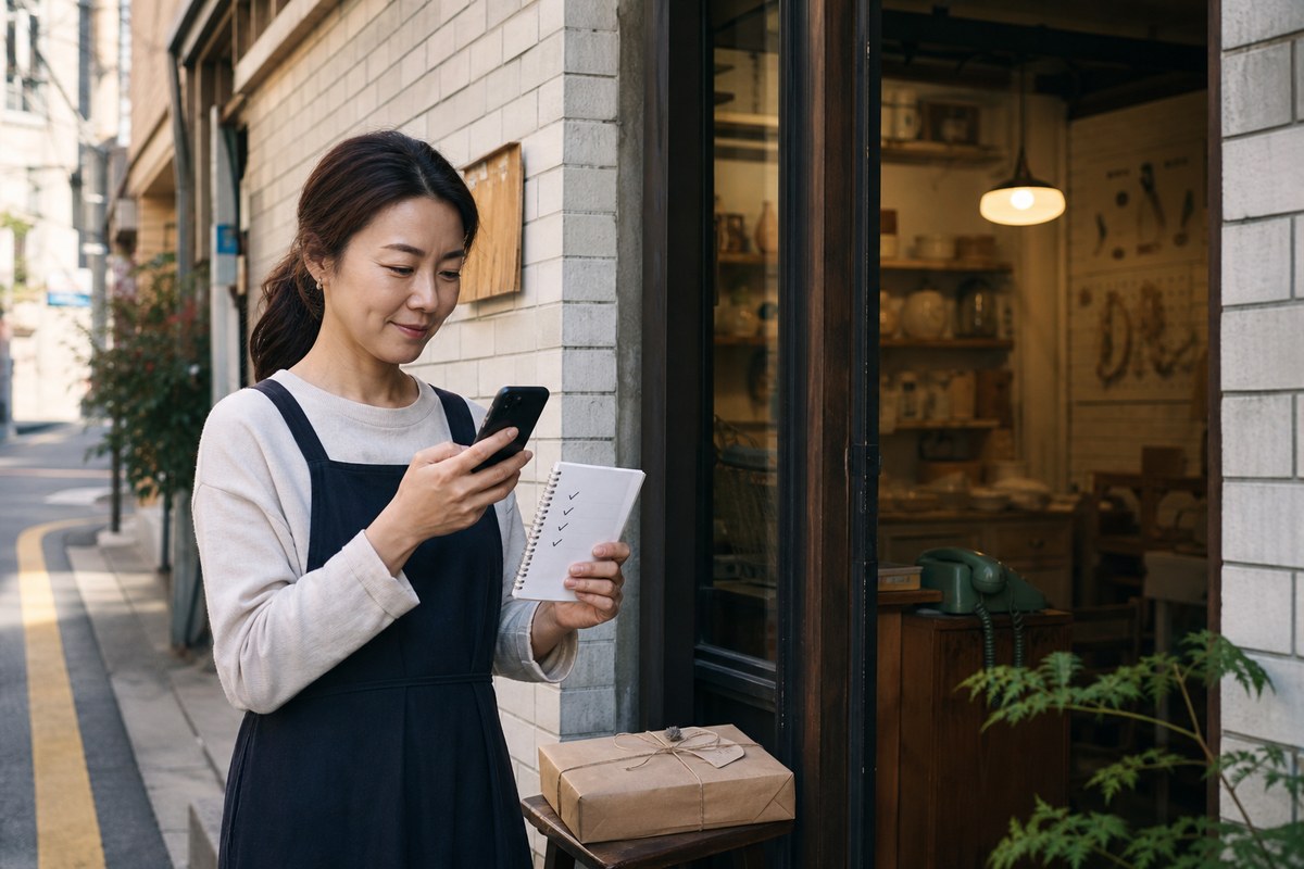 동네 가게 사장이 매장 입구에서 일반 고객 휴대전화로 채널 검색부터 버튼과 채팅 접수까지 직접 시험하는 장면
