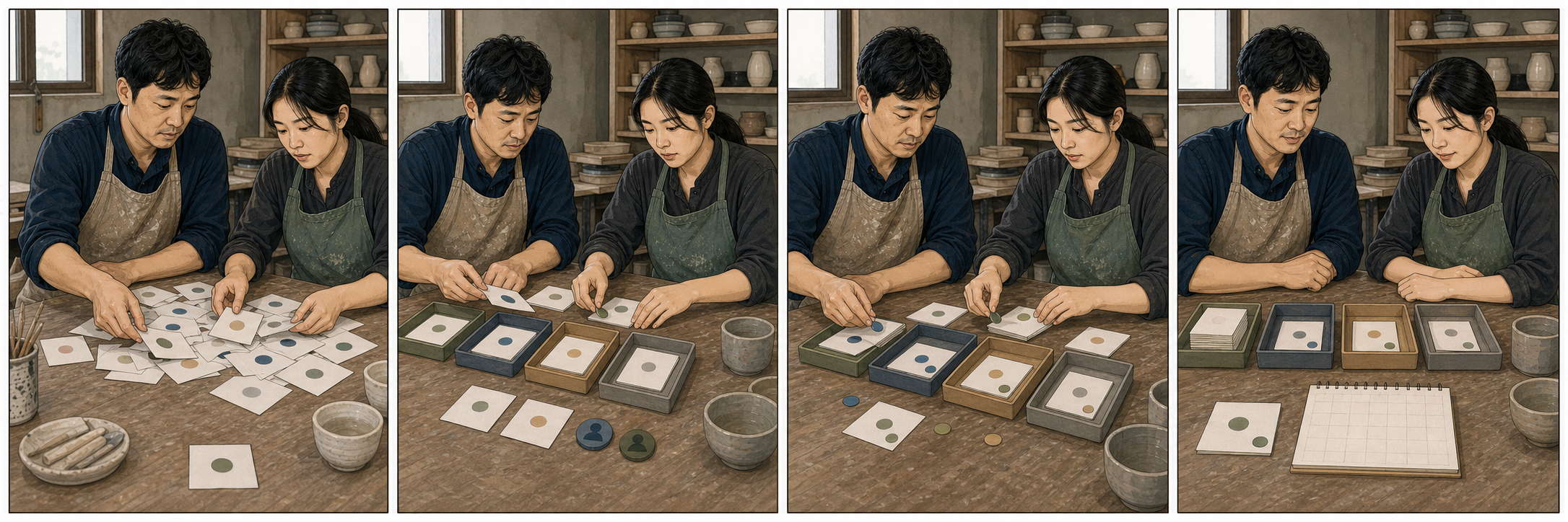동네 공방 사장님과 직원이 뒤섞인 카카오톡 채널 문의를 읽음 여부만으로 처리하다 라벨·담당자·상담완료 순서로 정리하는 4컷 만화