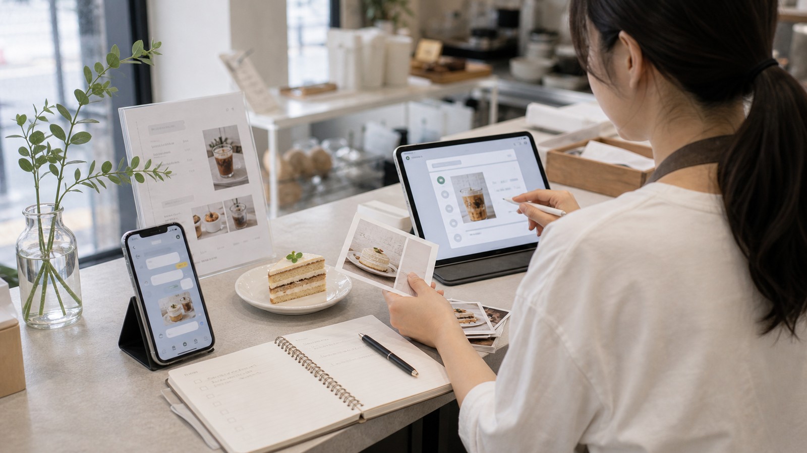 사장이 카카오톡 채널 메시지 발송 전 내용을 확인하는 모습