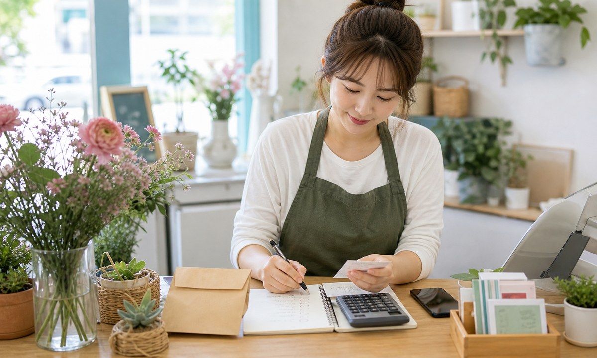동네 가게 사장님이 작은 홍보 예산과 체크리스트를 보며 저비용 홍보 계획을 세우는 모습