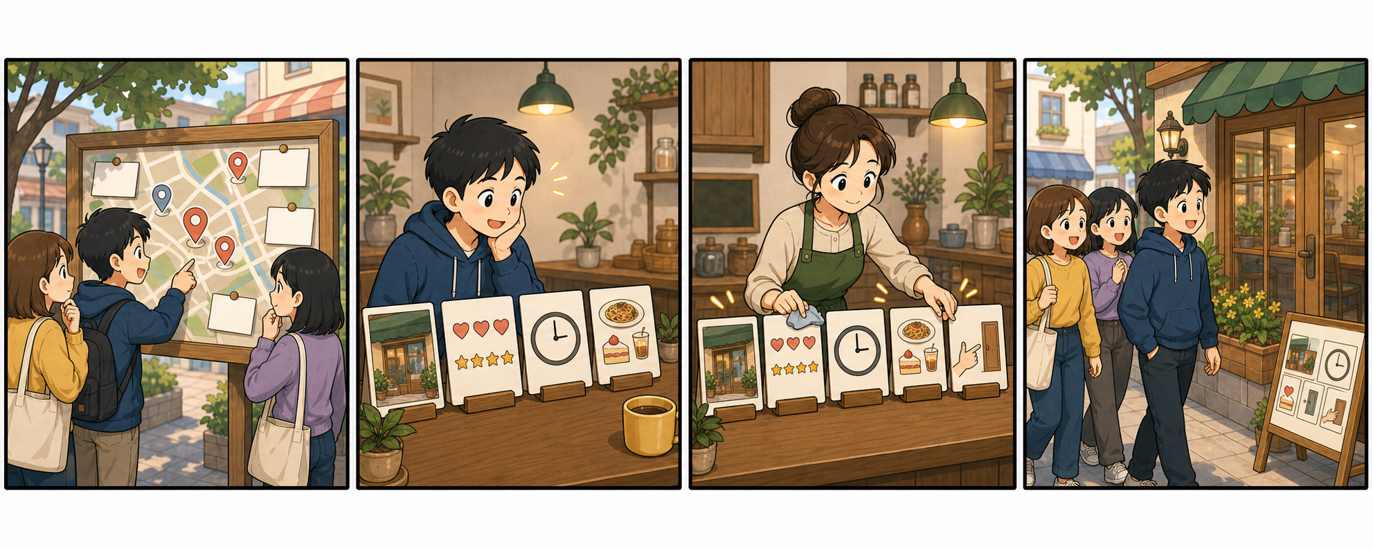 지도 검색에서 손님이 사진, 리뷰, 영업시간, 메뉴, 문의 경로 순서로 판단하는 4컷 만화