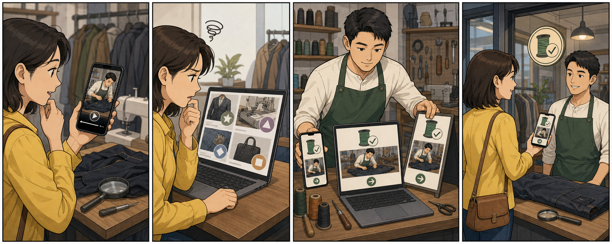 채널마다 다른 이름과 사진 때문에 같은 가게인지 몰랐던 고객이 일관된 서비스명과 대표 장면과 예약 경로를 반복해서 보고 알아보는 4컷 만화