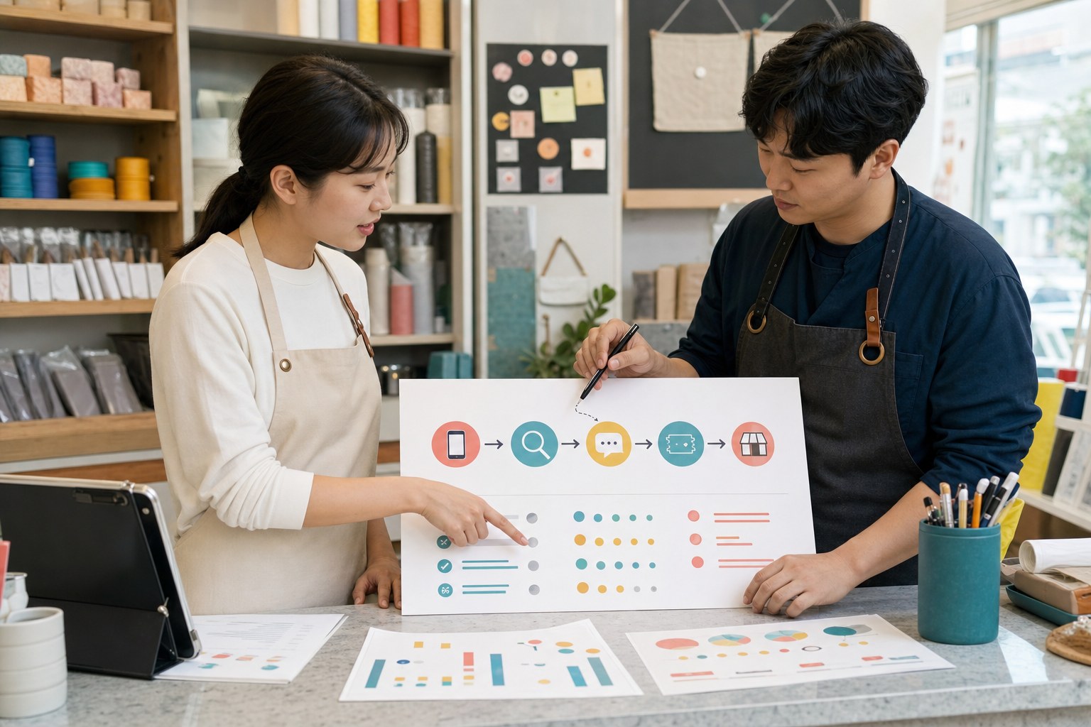 한국의 소상공인 팀이 고객이 기억한 서비스명 대표 장면 검색 이동 예약 완료 반복 피로를 네이버 인스타그램 카카오톡별로 점검하는 장면