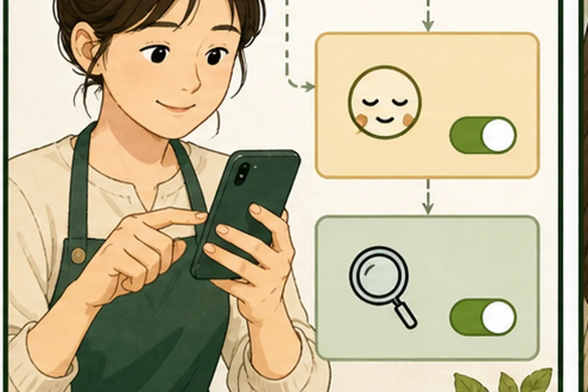 동네 가게 운영자가 메타 비즈니스 스위트 자동화 실행 순서를 체크하며 한 항목씩 적용하는 일러스트