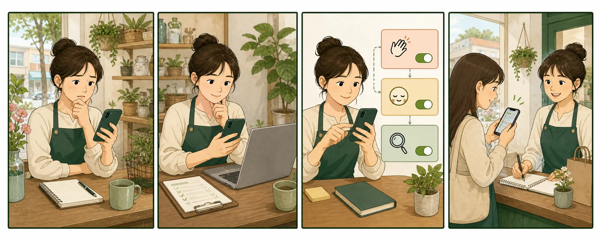 메타 비즈니스 스위트 자동화 때문에 막막해하던 동네 가게 사장님이 현재 상태를 확인하고 한 항목을 수정한 뒤 고객 반응을 기록하는 4컷 일러스트