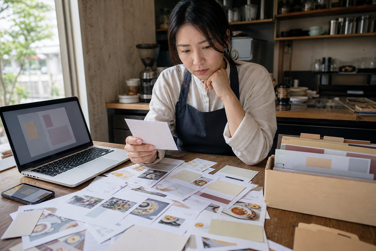 동네 가게 운영자가 공지와 메뉴별로 뒤섞인 네이버 블로그 글 목록을 보며 카테고리 구조를 고민하는 장면