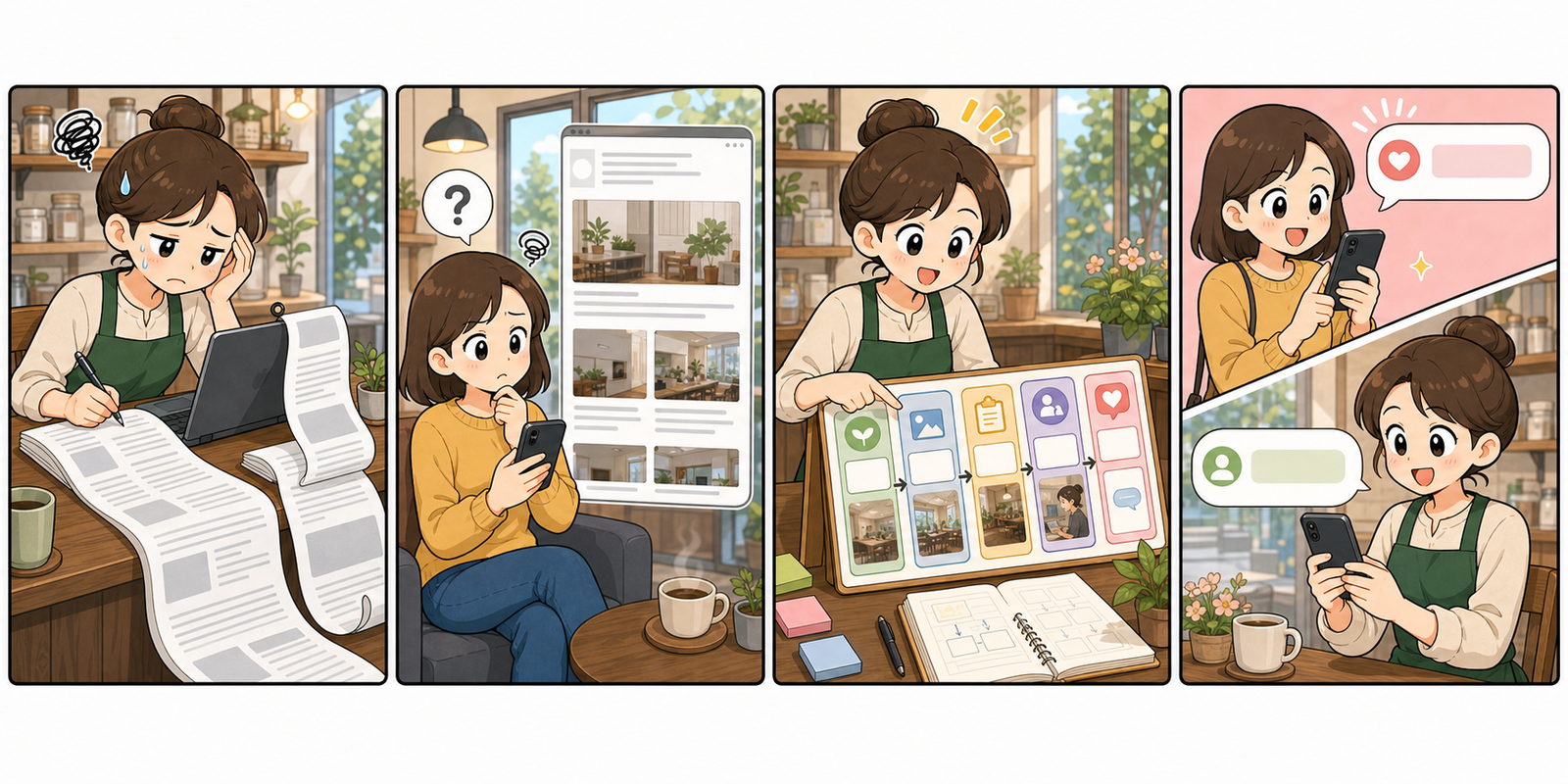 네이버 블로그 글을 길게 썼지만 예약 문의가 없다가 글 안의 문의 동선을 다시 정리하는 4컷 만화
