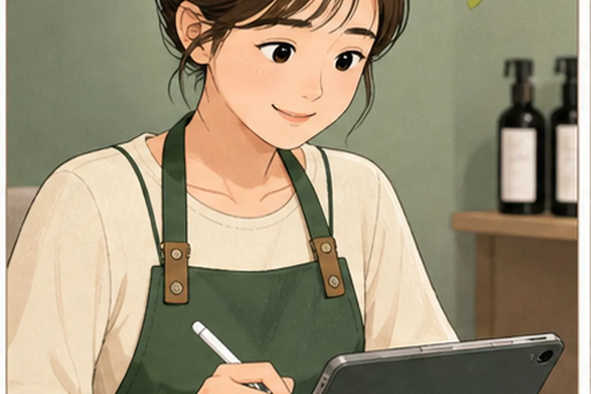 동네 가게 운영자가 네이버 예약 취소 환불 실행 순서를 체크하며 한 항목씩 적용하는 일러스트
