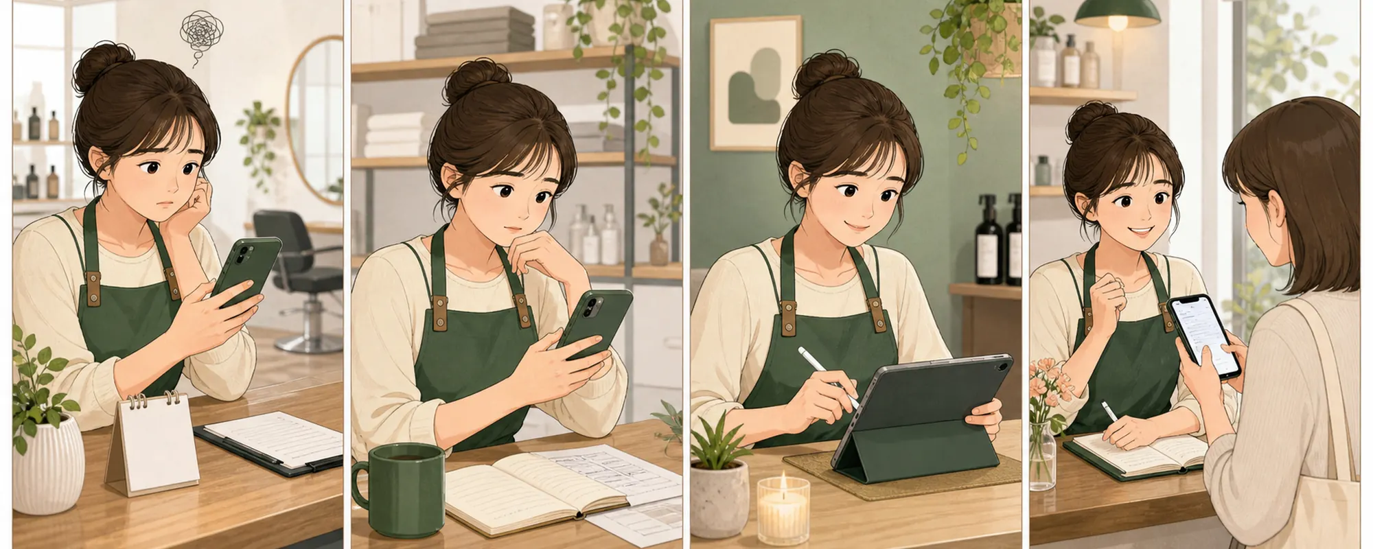 네이버 예약 취소 환불 때문에 막막해하던 동네 가게 사장님이 현재 상태를 확인하고 한 항목을 수정한 뒤 고객 반응을 기록하는 4컷 일러스트