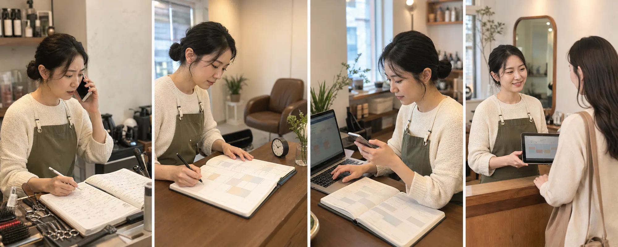 네이버 예약 설정 때문에 막막해하던 동네 가게 사장님이 현재 상태를 확인하고 한 항목을 수정한 뒤 고객 반응을 기록하는 4컷 실사 사진