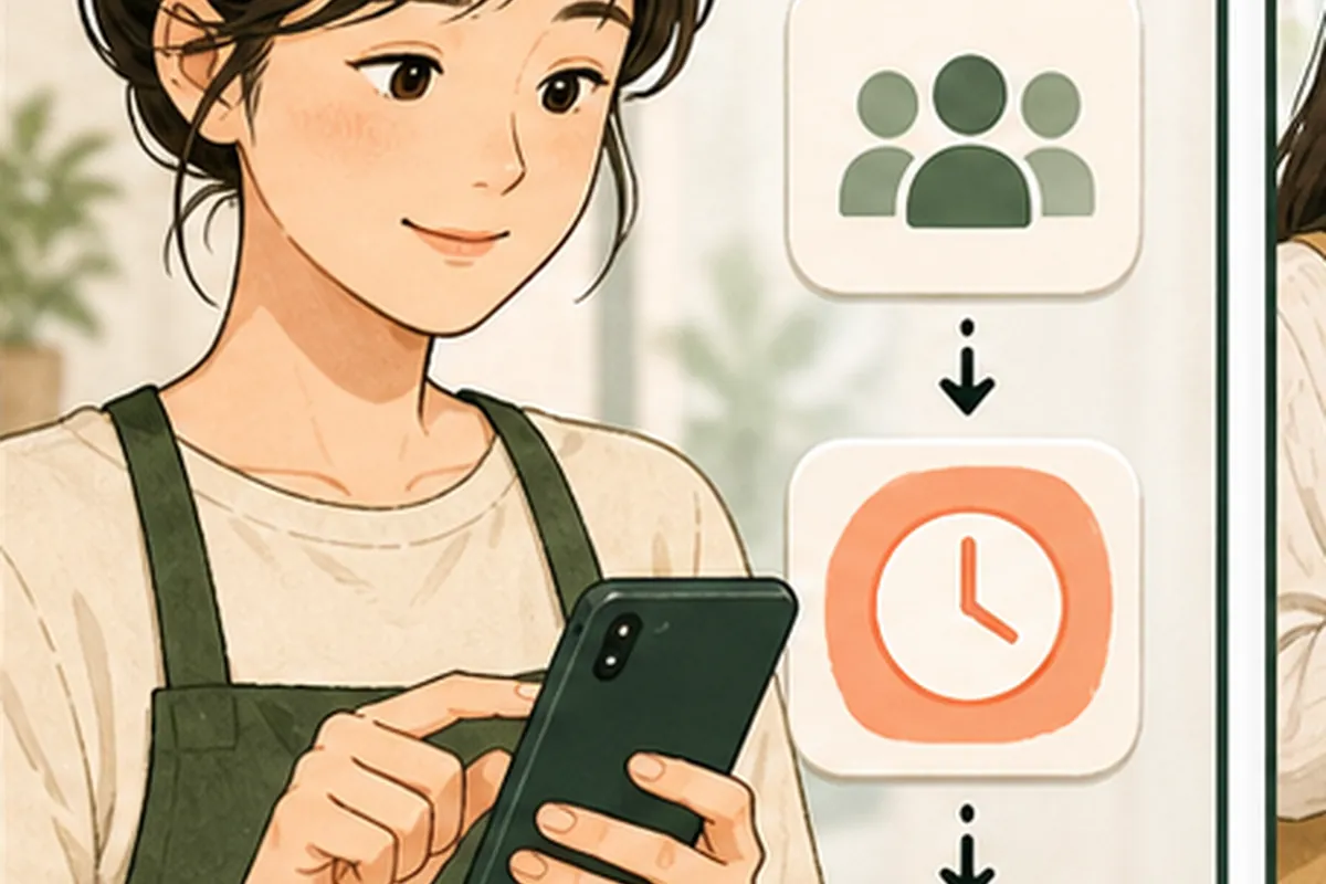 동네 가게 운영자가 네이버 예약 일정 관리 실행 순서를 체크하며 한 항목씩 적용하는 일러스트