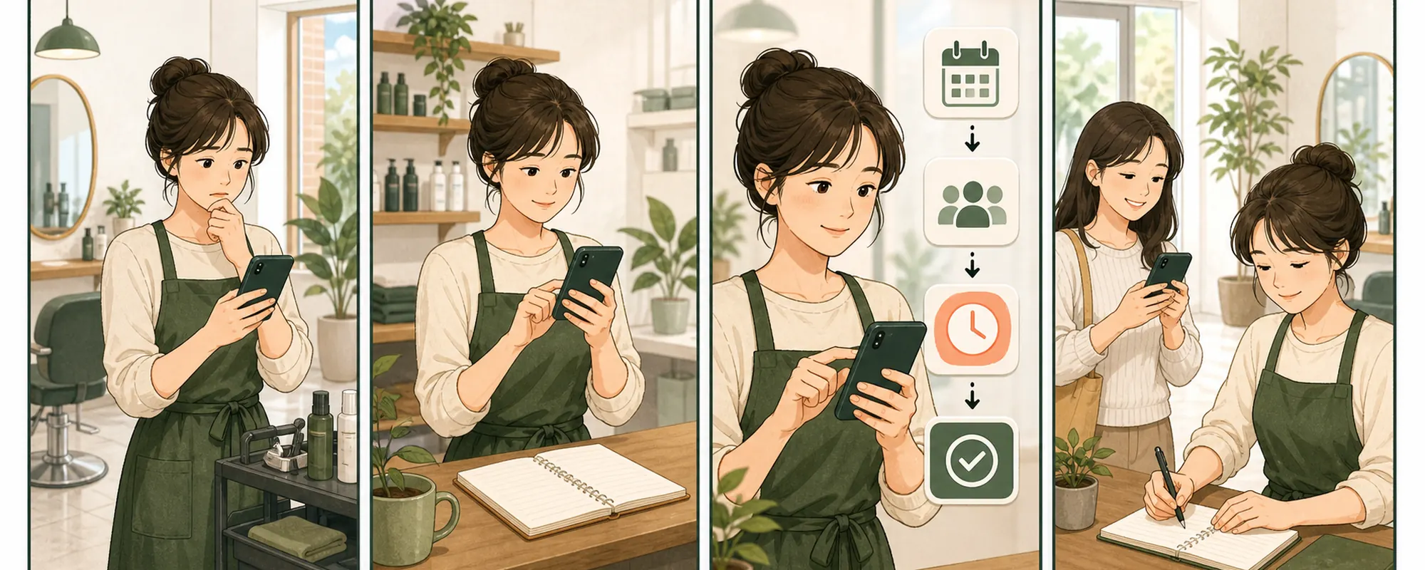 네이버 예약 일정 관리 때문에 막막해하던 동네 가게 사장님이 현재 상태를 확인하고 한 항목을 수정한 뒤 고객 반응을 기록하는 4컷 일러스트